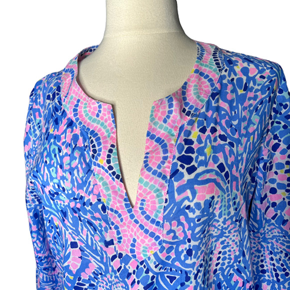 Lilly Pulitzer Amelia Island Tunic Blue Quarter Sleeve Blouse Cotton Large Women - Picture 2 of 7